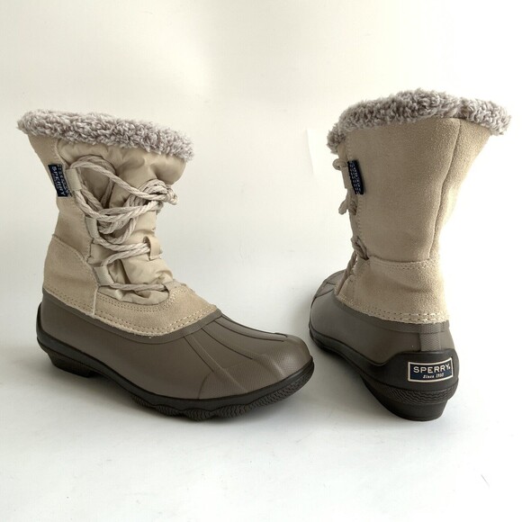 Sperry Syren Duck Boots Strait Lace-up Rain Shoes Beige 7 - Picture 3 of 13